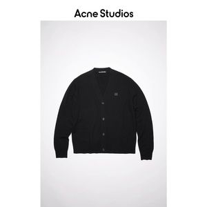 Acne Studio Wool Face Patch V Neck Black Cardigan Sweater